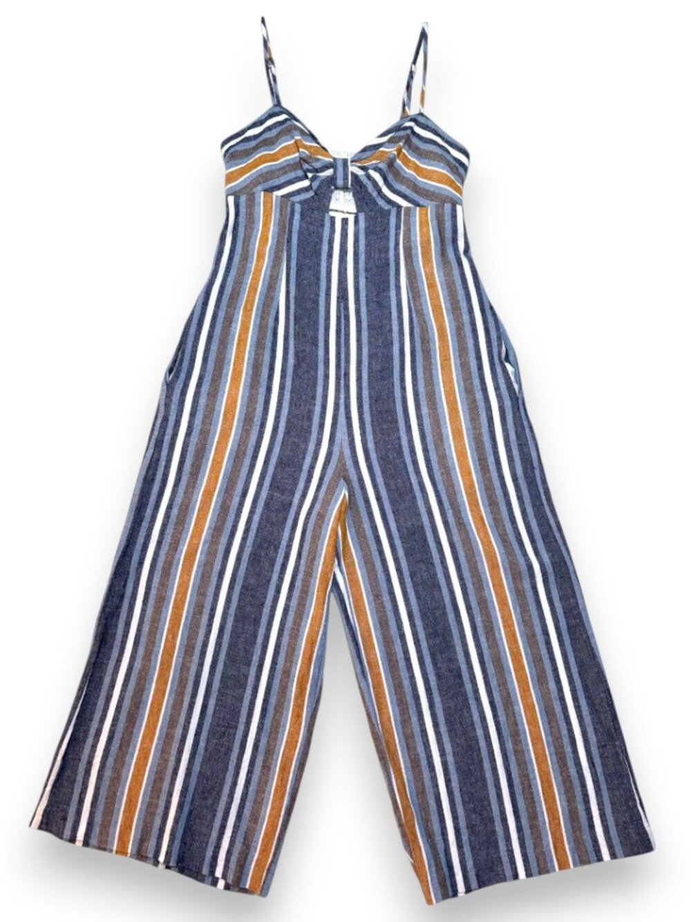 BCBGeneration Blue Mustard Striped Linen Blend Jumpsuit Culotte Cutout Boho XS